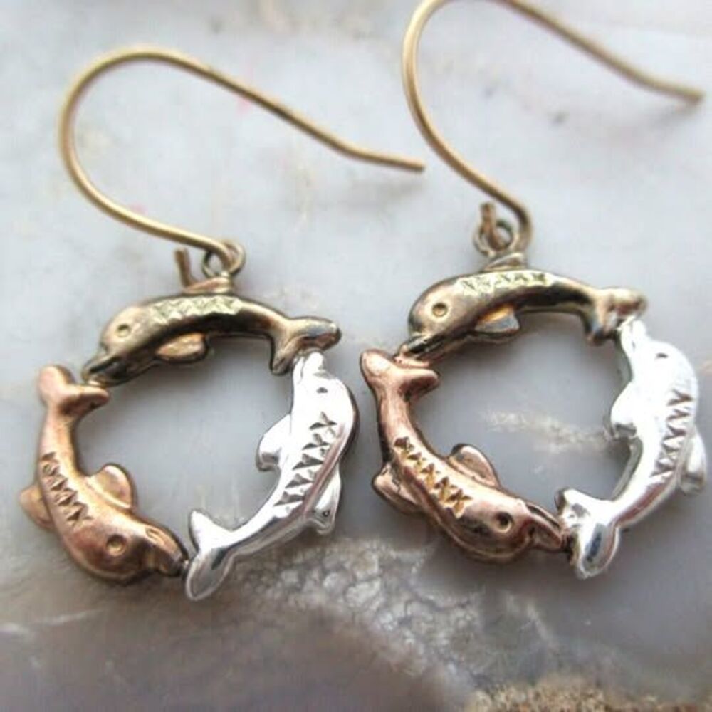 VINTAGE JCM 1/20 14K GF .925 Silver Ring of Dolphins Tri-color DANGLE EARRINGS